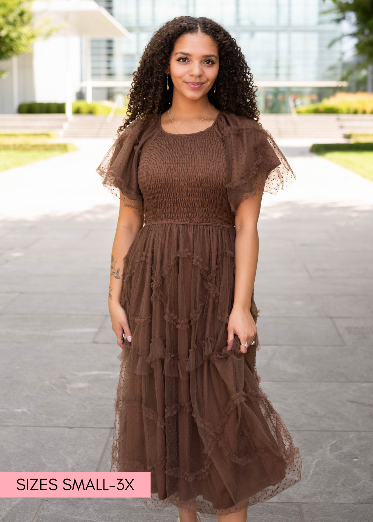 Short sleeve brown smocked ruffle dress
