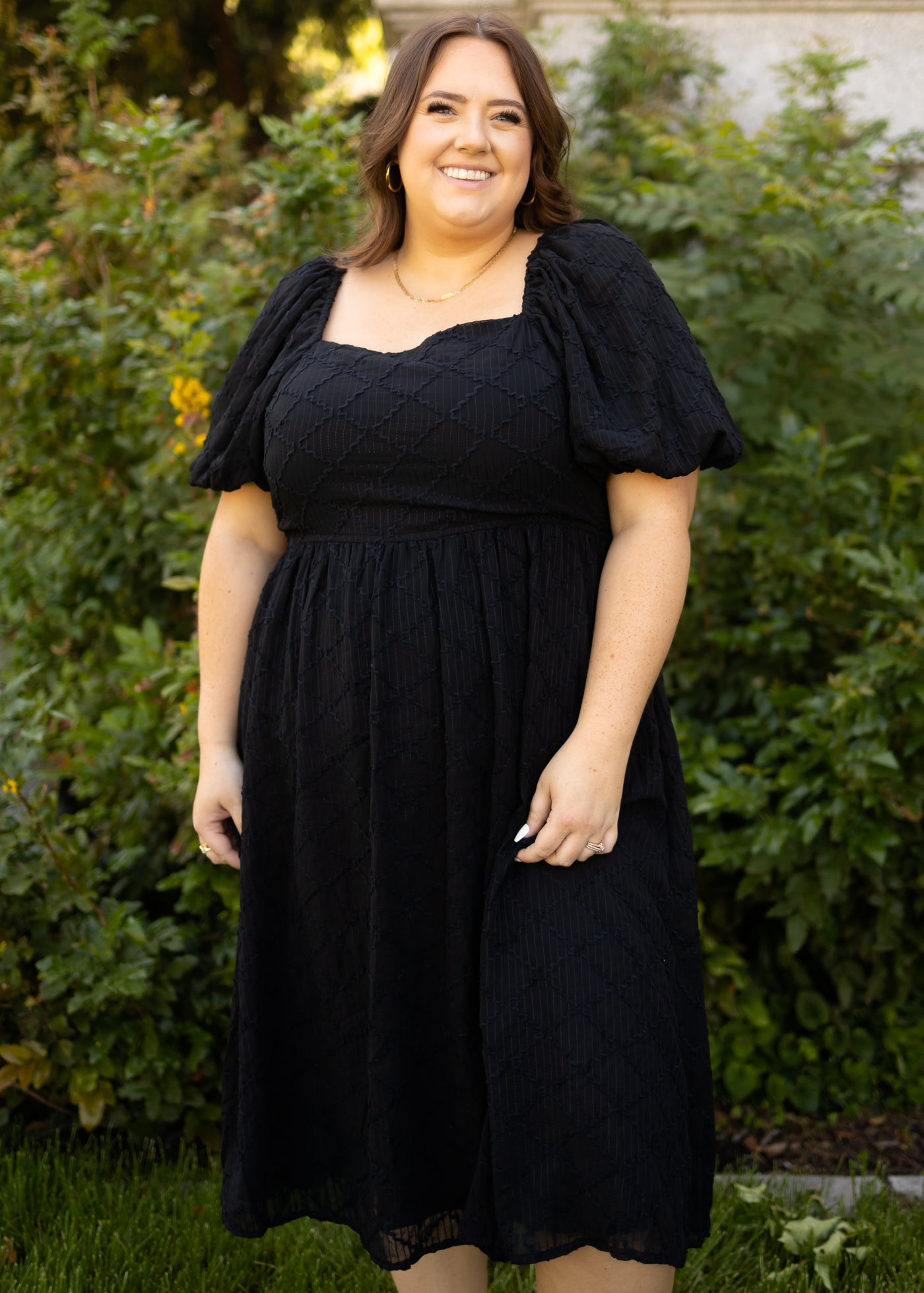 Plus size short sleeve black dress with square neck