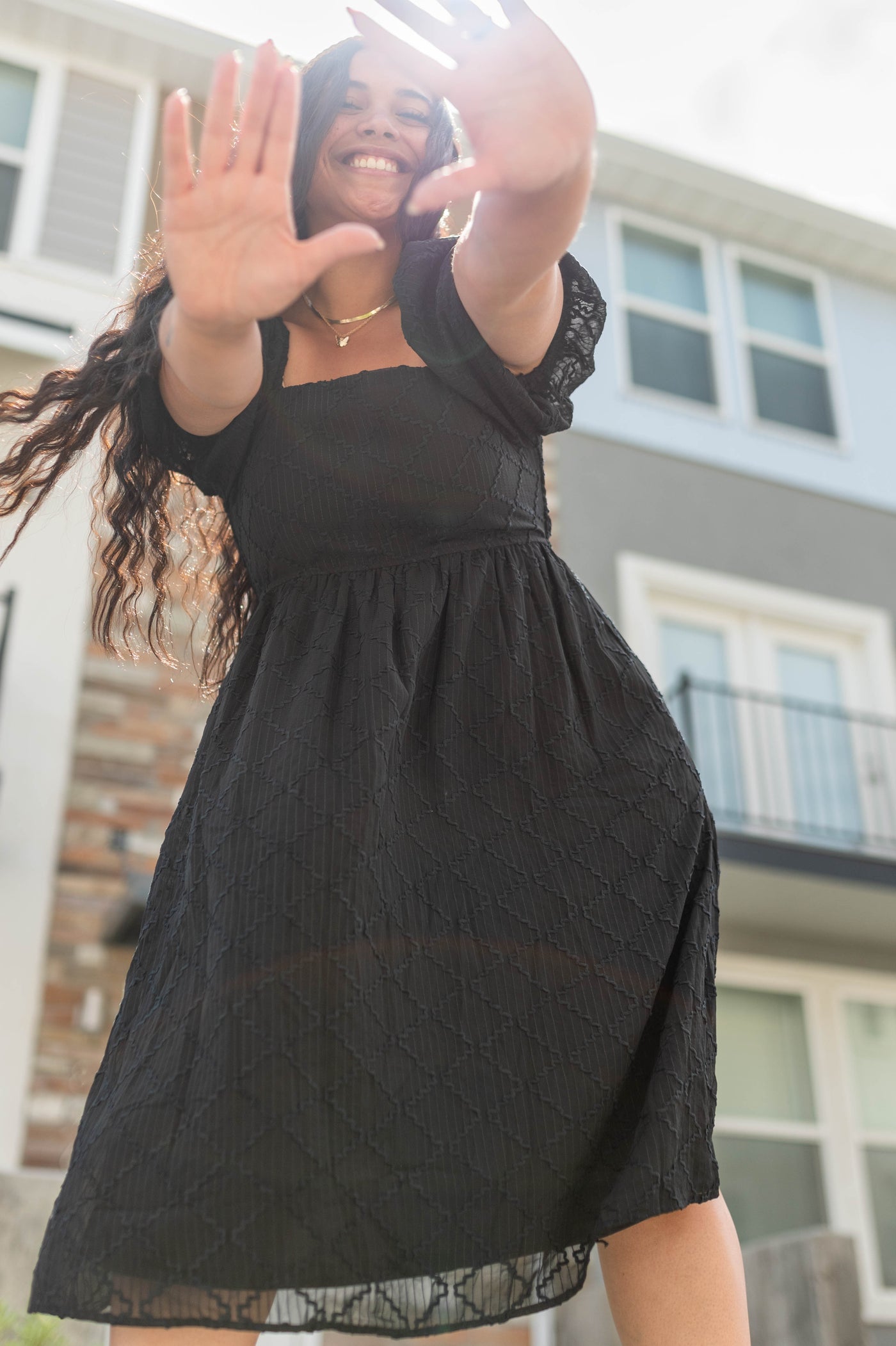 Short sleeve black dress with square neck