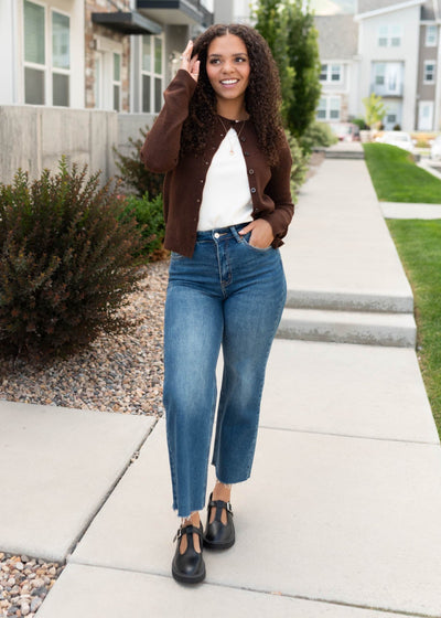 Modest brown cardigan with buttons at Lena Layne