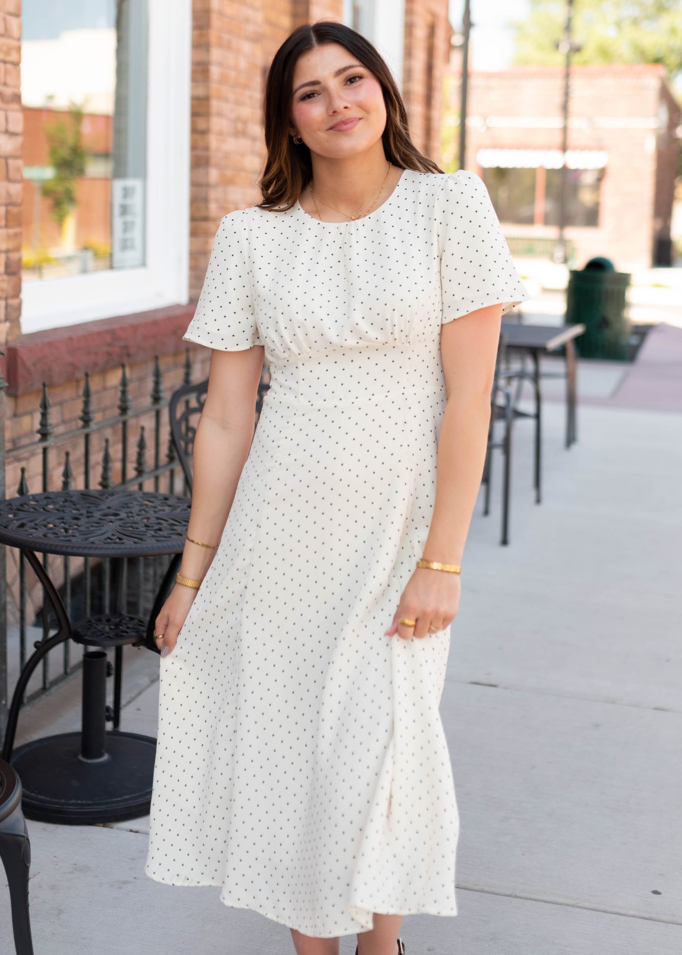 Cassandra Ivory Polka Dot Midi Dress - Flutter Sleeves, Fitted