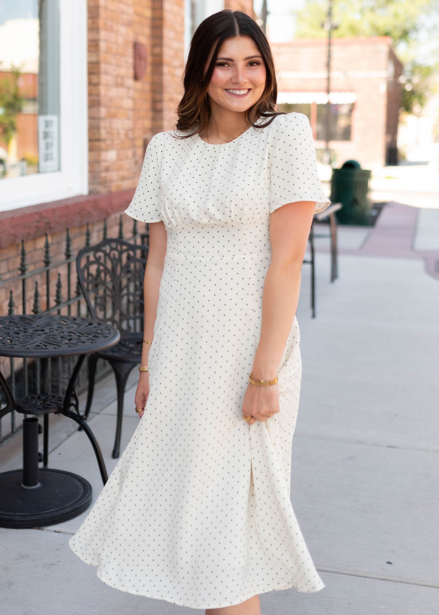 empire waist polka dot dress Cassandra Ivory Size:31R How beautiful is this ProductID: 31411 Princessly The high waist creates