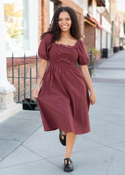 Brick gingham bow dress with short sleeves