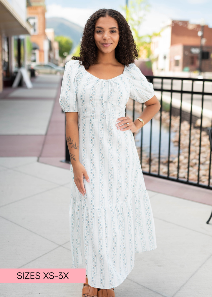 Catherine Blue Floral Tie Maxi Dress | Sweetheart Neck | Lena