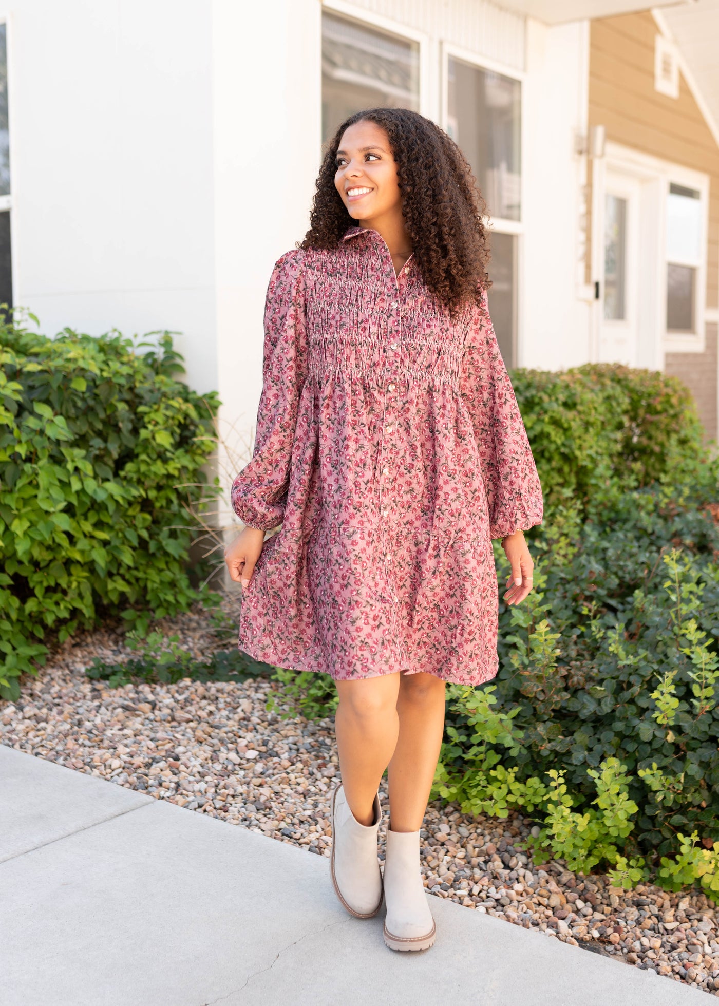 Modest button up pink floral dress with a collar