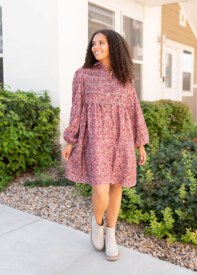 Modest button up pink floral dress with a collar