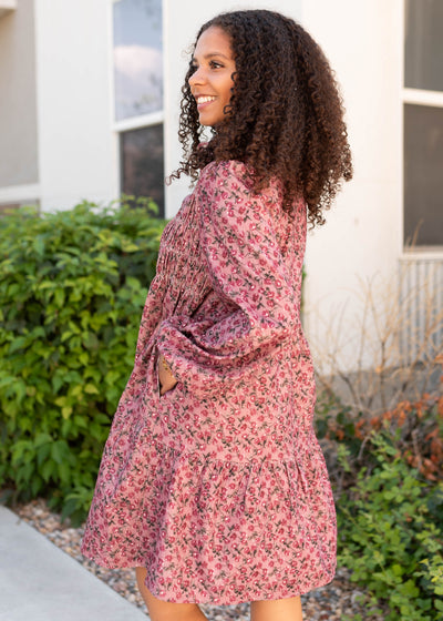 Modest pink floral dress with pockets