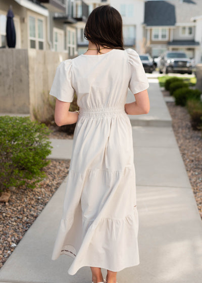 Back view of the natural embroidered dress