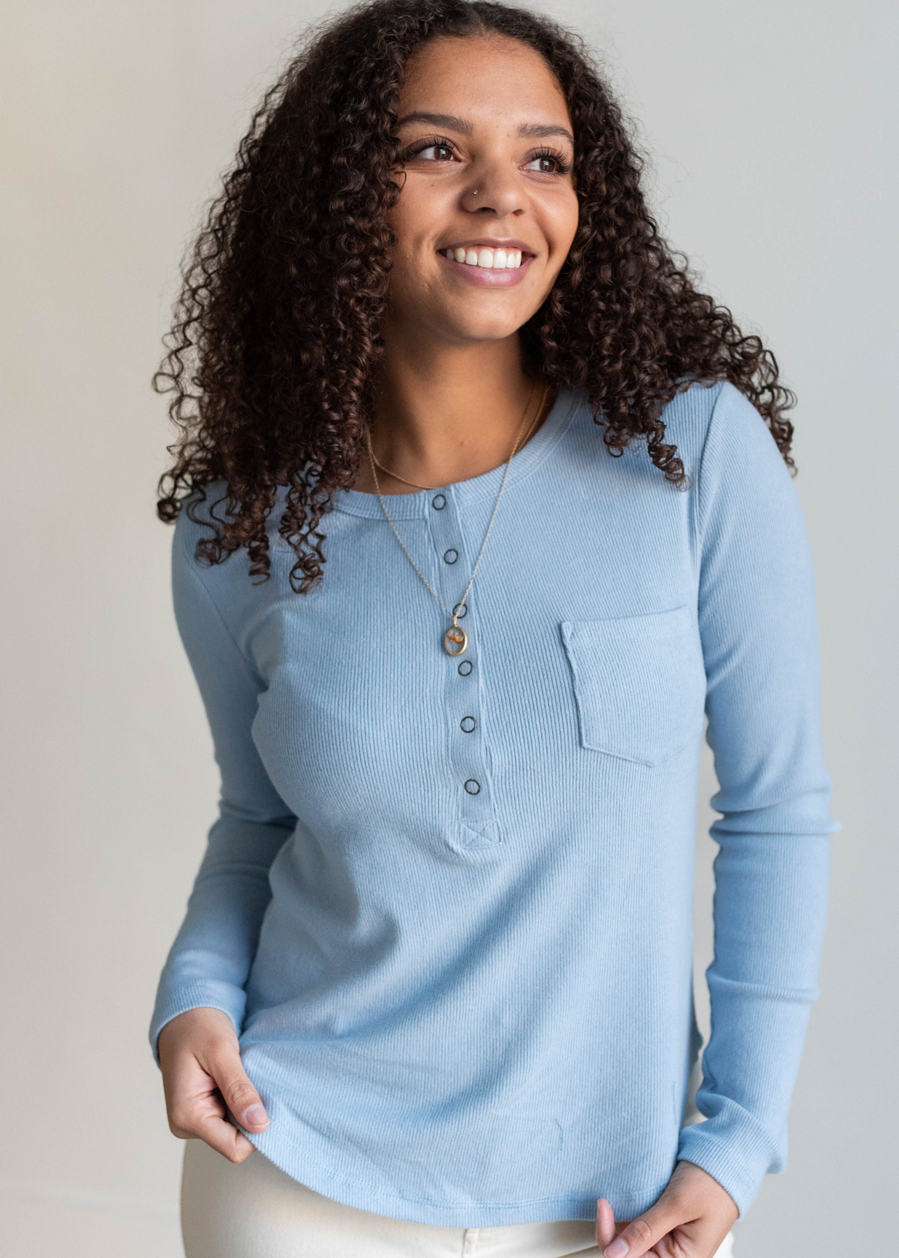 Snap up sky blue long sleeve top