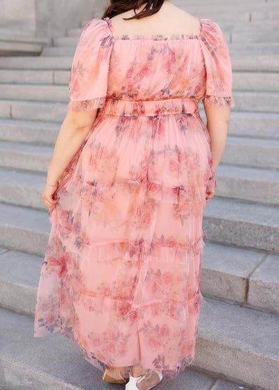 Back view of the pink floral dress in plus size