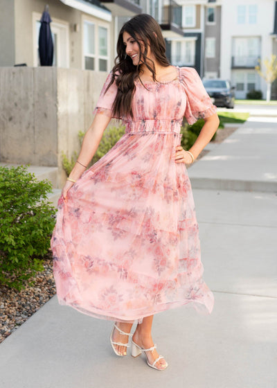 Pink floral dress with short sleeves