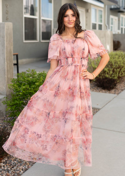 Short sleeve pink floral dress