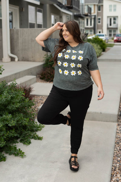 Plus size black joggers with a short sleeve stone grey tee that is sold separately 