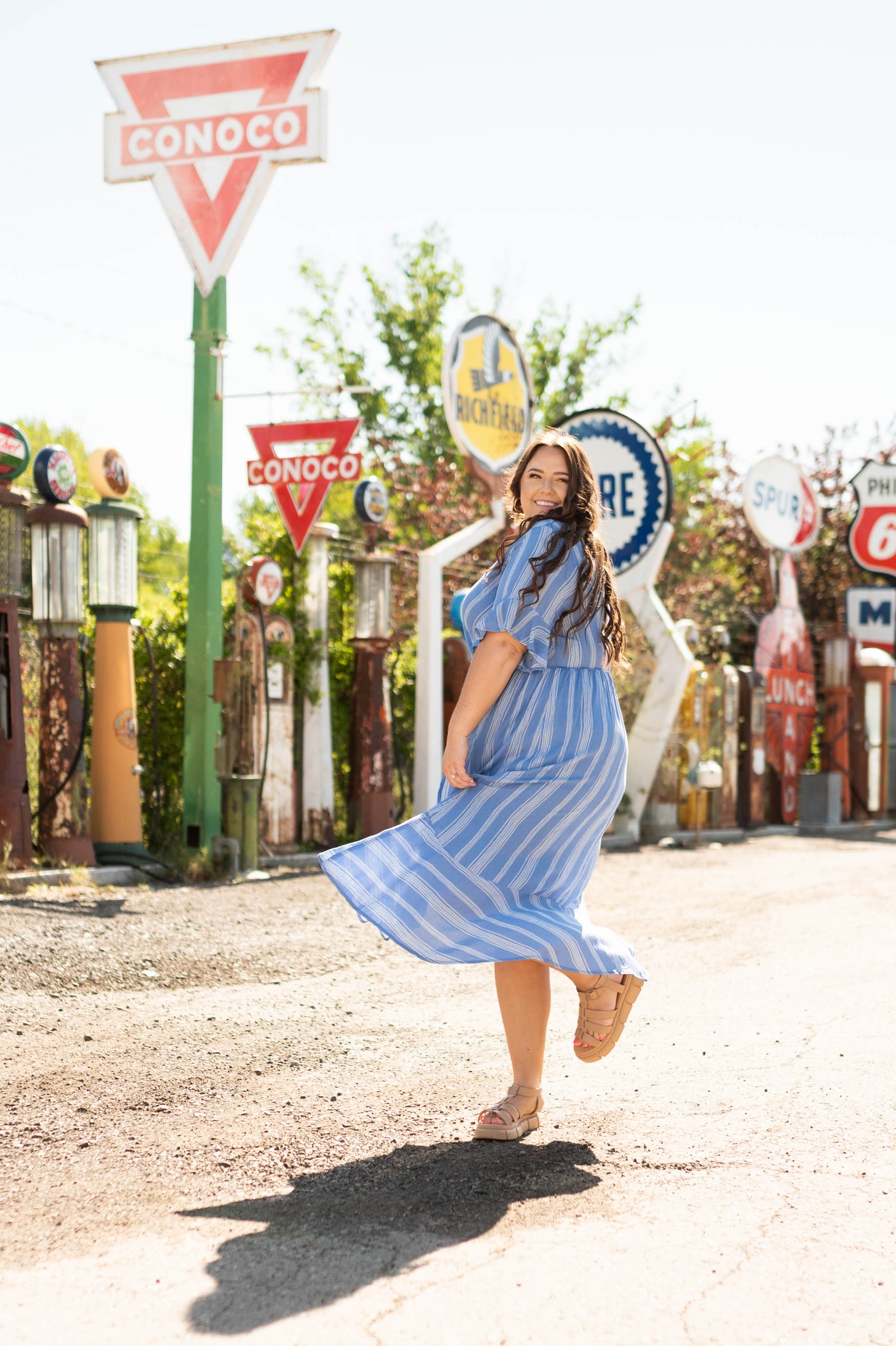 Blue stripe plus size wrap dress that ties at the waist