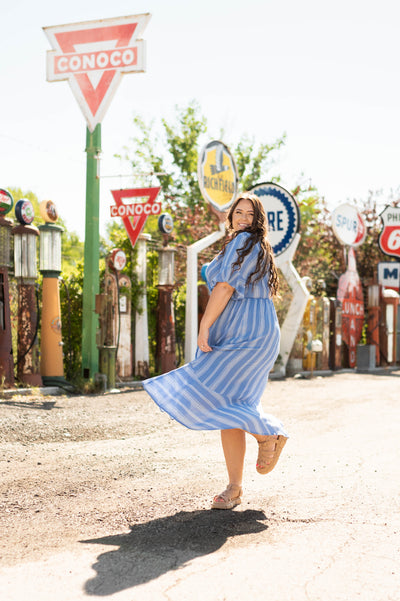 Blue stripe plus size wrap dress that ties at the waist