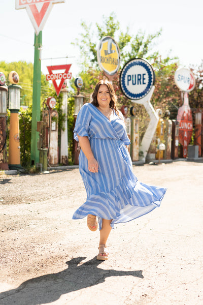 Blue stripe plus size wrap dress
