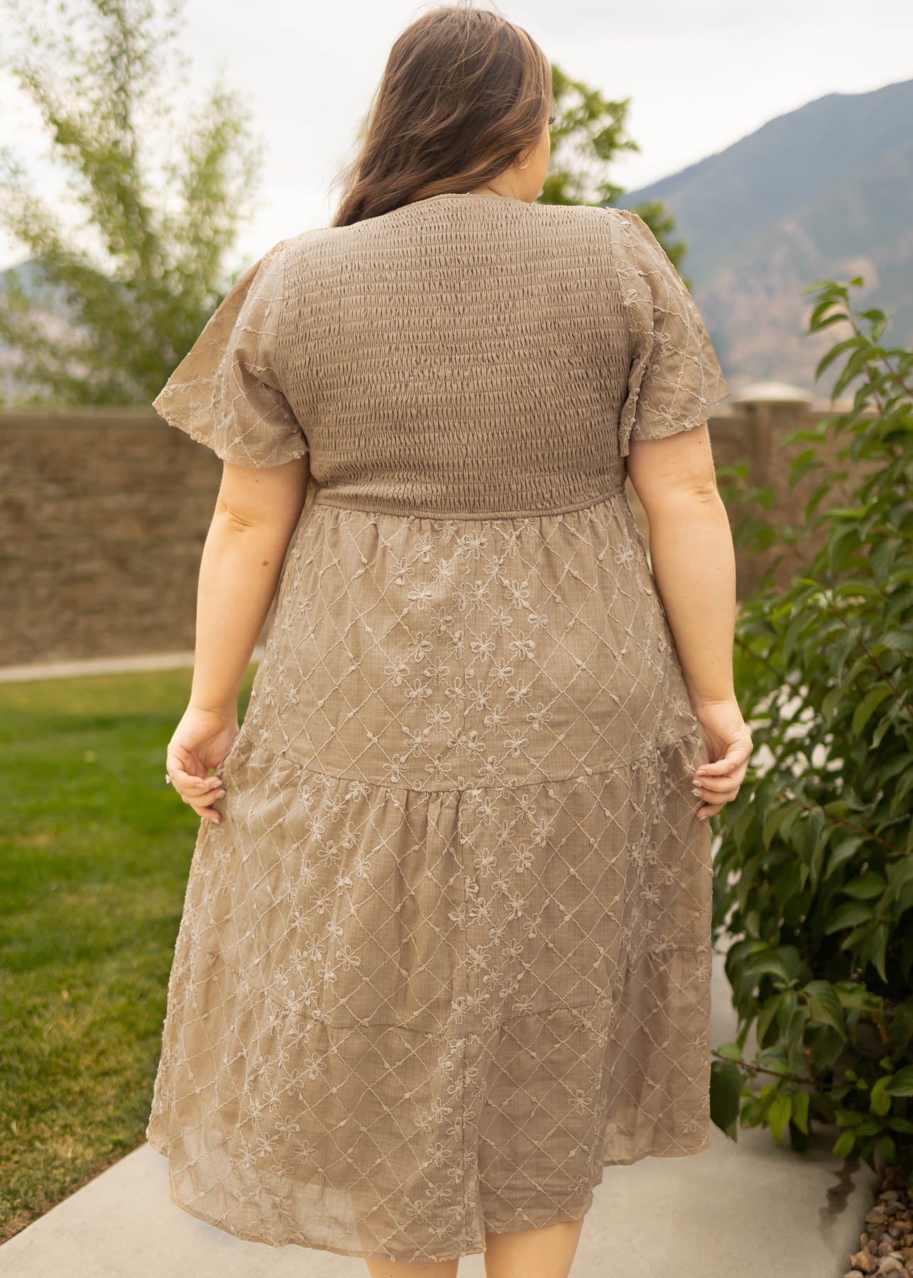 Back view of a plus size taupe dress