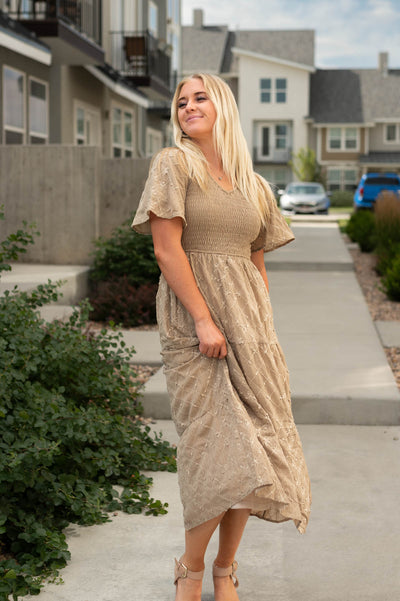 Short sleeve taupe dress with smocked bodice