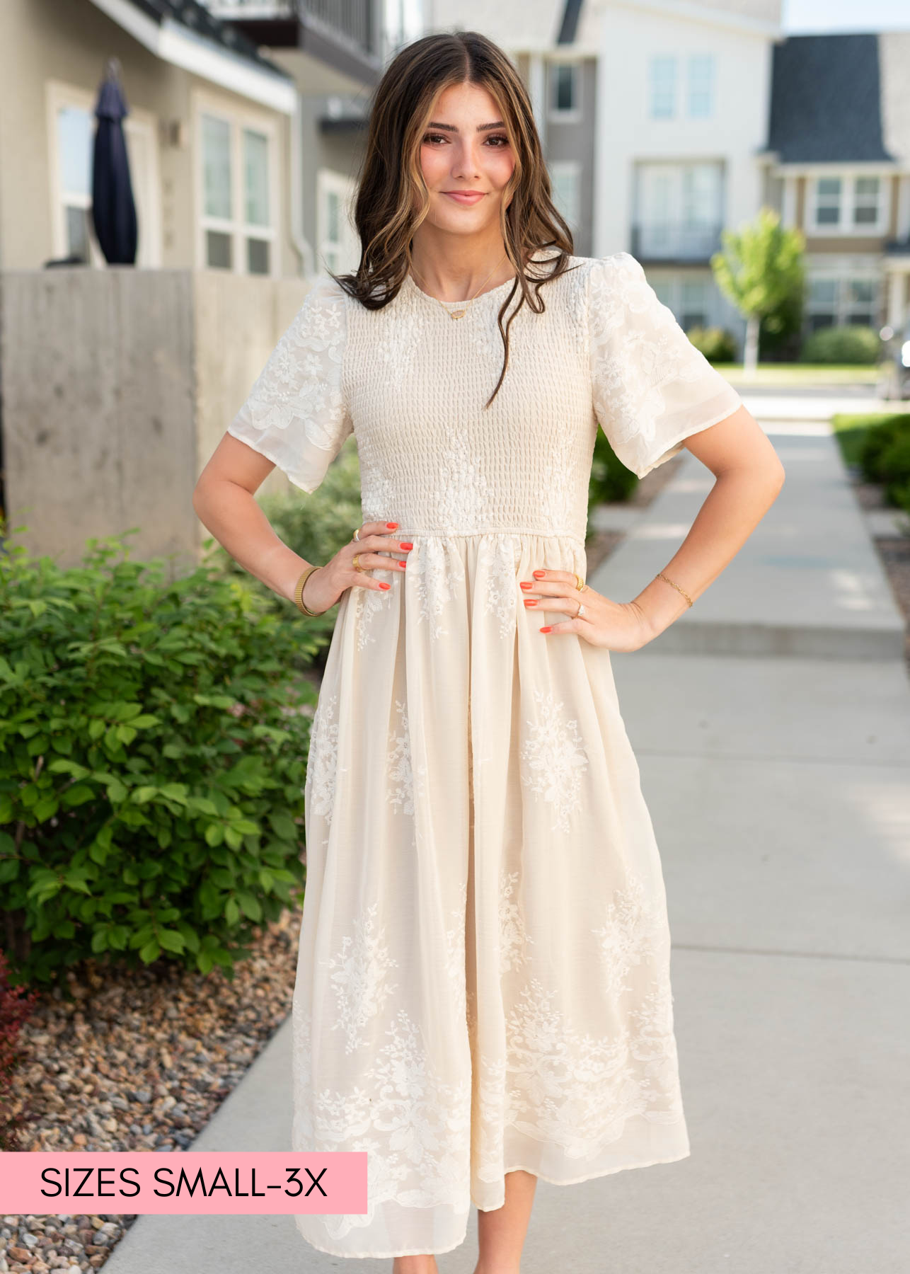 Modest champagne embroidered dress with smocked bodice