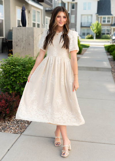 Champagne embroidered dress with smocked bodice