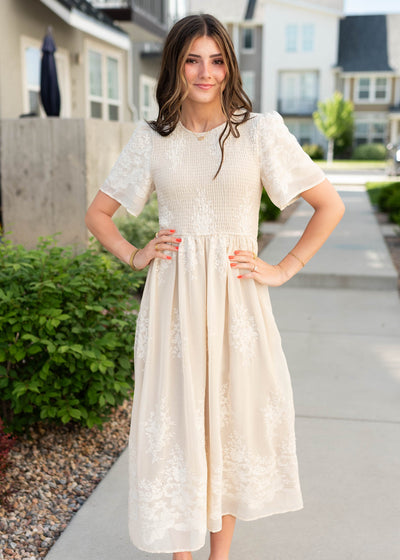 Short sleeve champagne embroidered dress