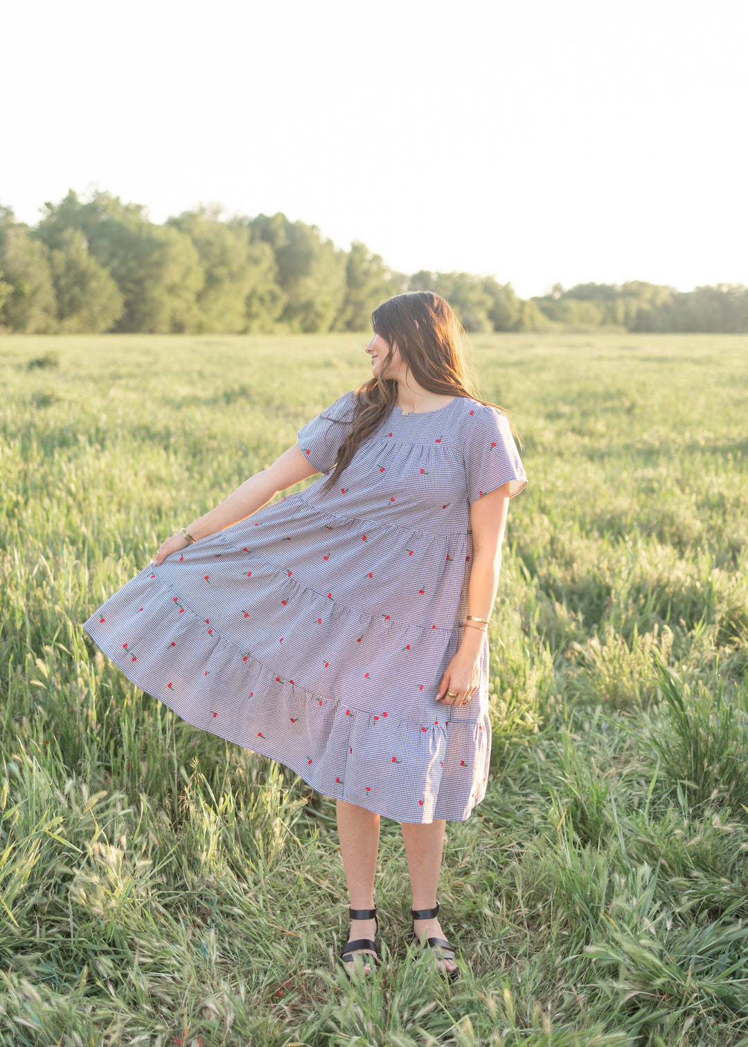 Cherry Black Gingham Embroidered Dress with Pockets | Lena Layne