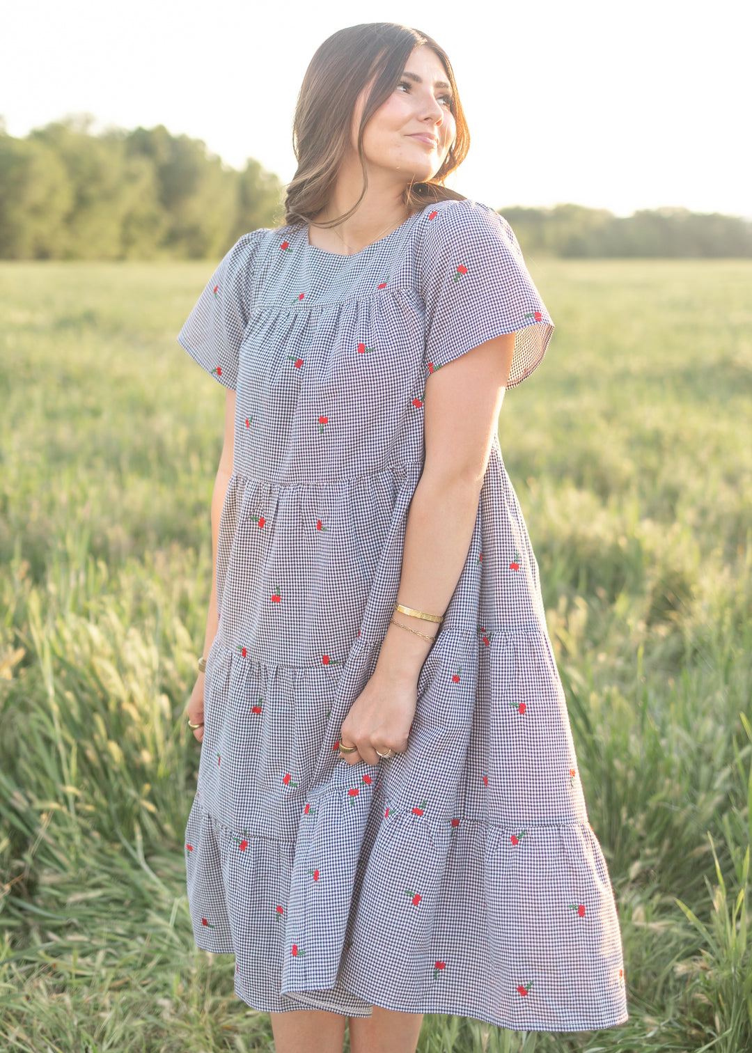 Cherry Black Gingham Embroidered Dress with Pockets | Lena Layne