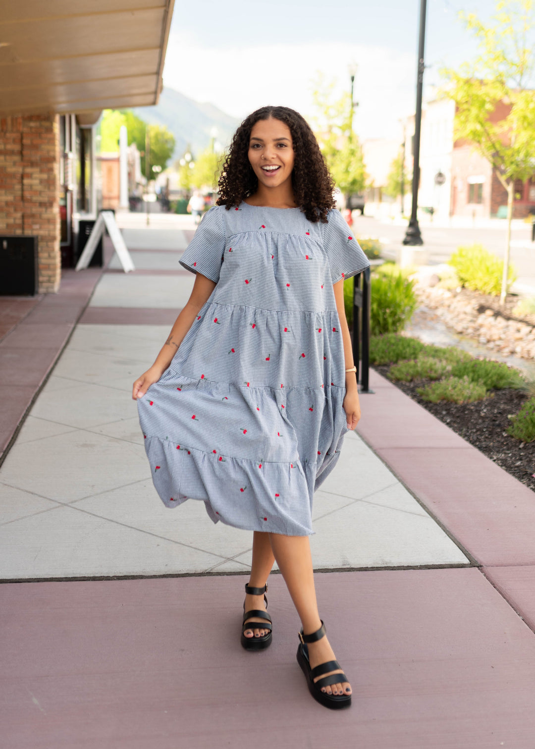Cherry Black Gingham Embroidered Dress with Pockets | Lena Layne