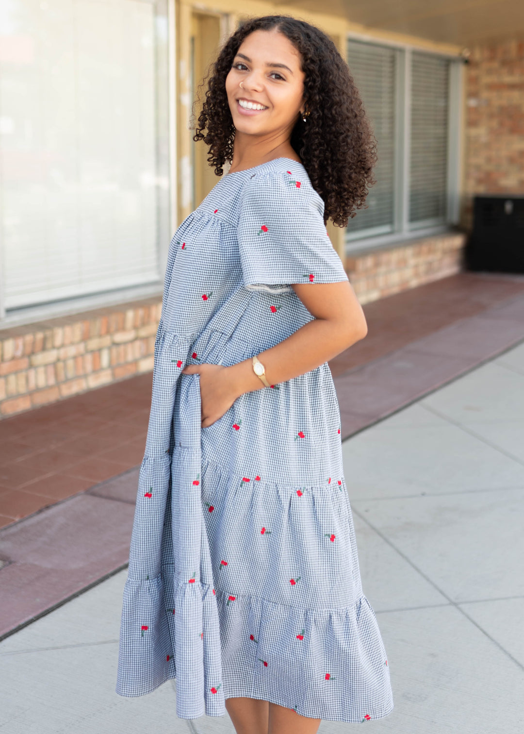 Cherry Black Gingham Embroidered Dress with Pockets | Lena Layne