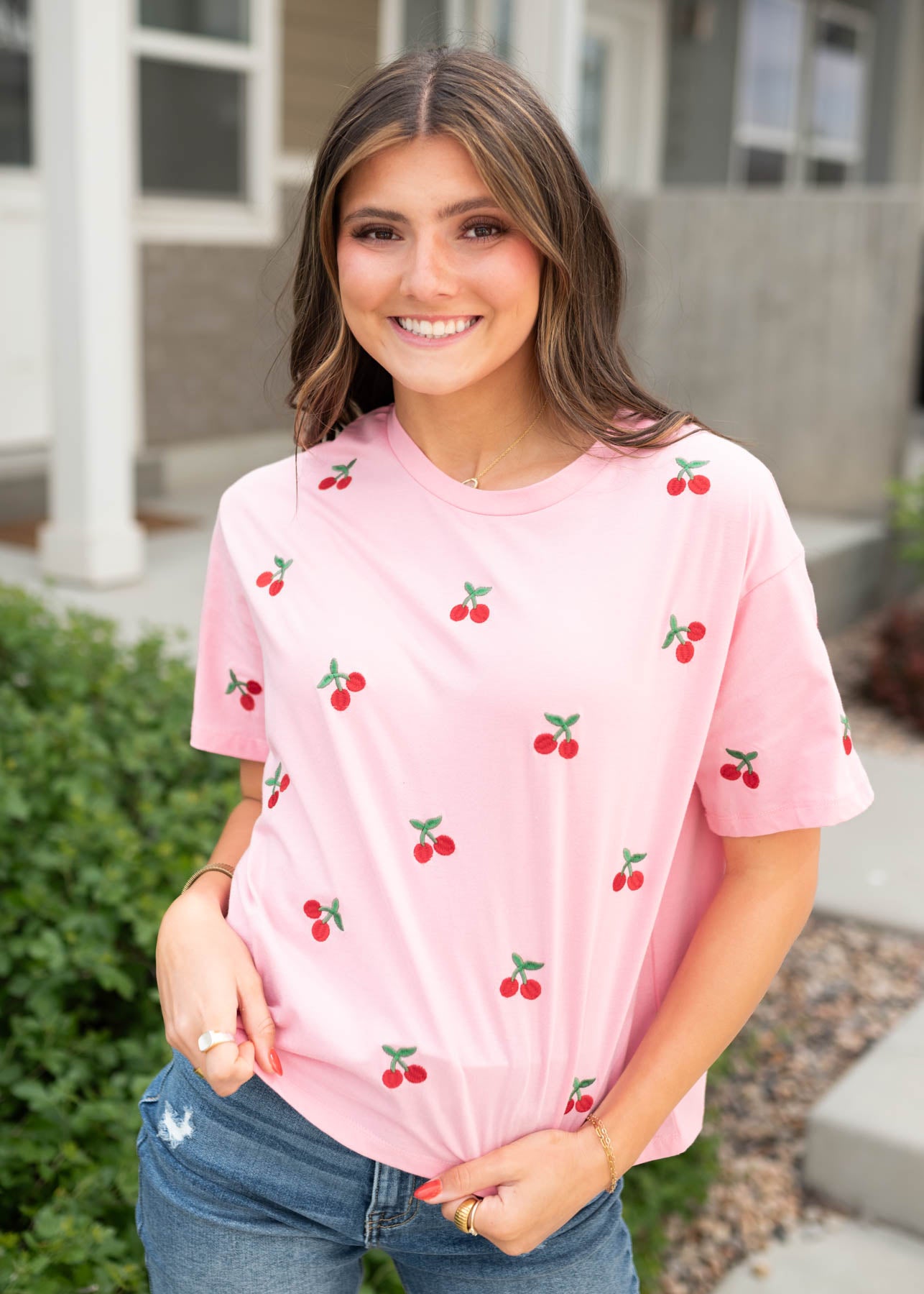 Short sleeve cherry pink embroidered top