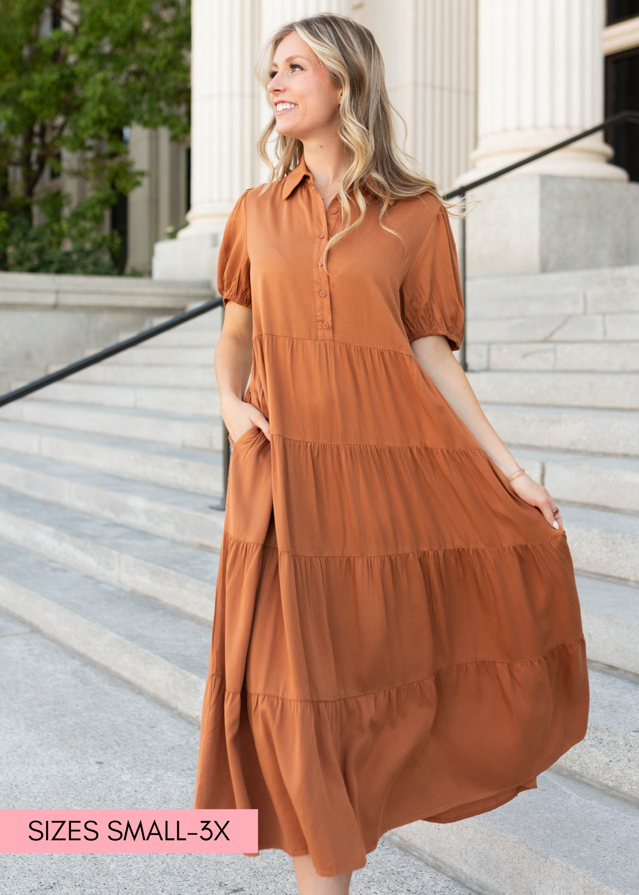 Chestnut tiered dress with pockets