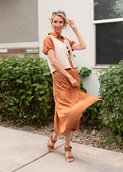 Modest short sleeve chestnut tiered dress at Lena Layne