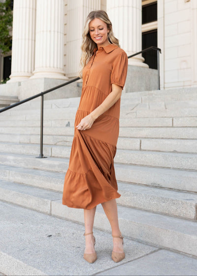 Modest collar chestnut tiered dress with short sleeves