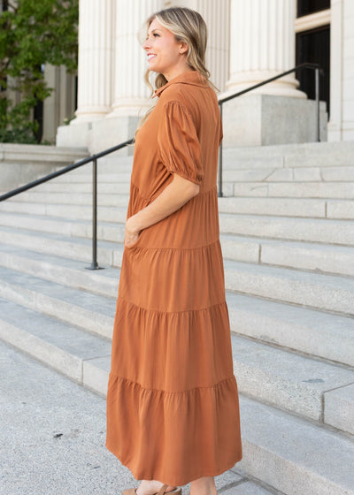Side view of the modest chestnut tiered dress at Lena Layne