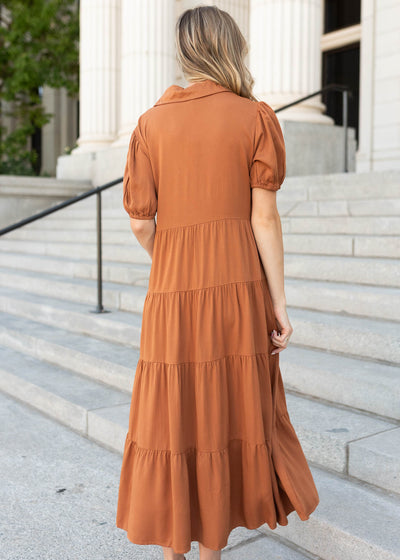 Back view of the modest chestnut tiered dress