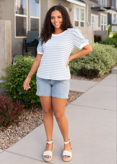 Light blue striped top with short sleeves