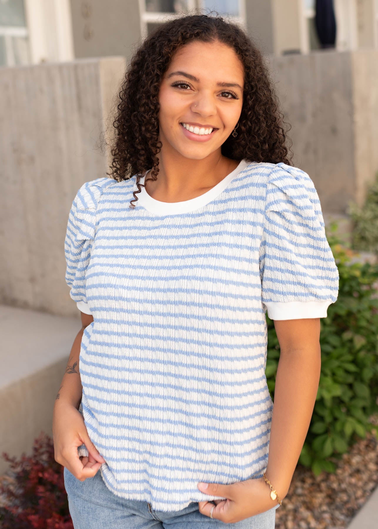 Short sleeve light  blue striped top