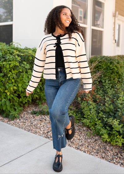 Ivory and black striped cardigan with long sleeves