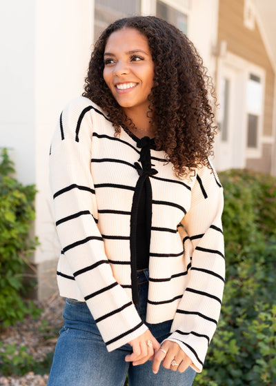 Long sleeve ivory black striped cardigan