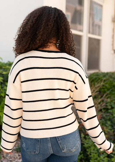 Back view of the black striped cardigan