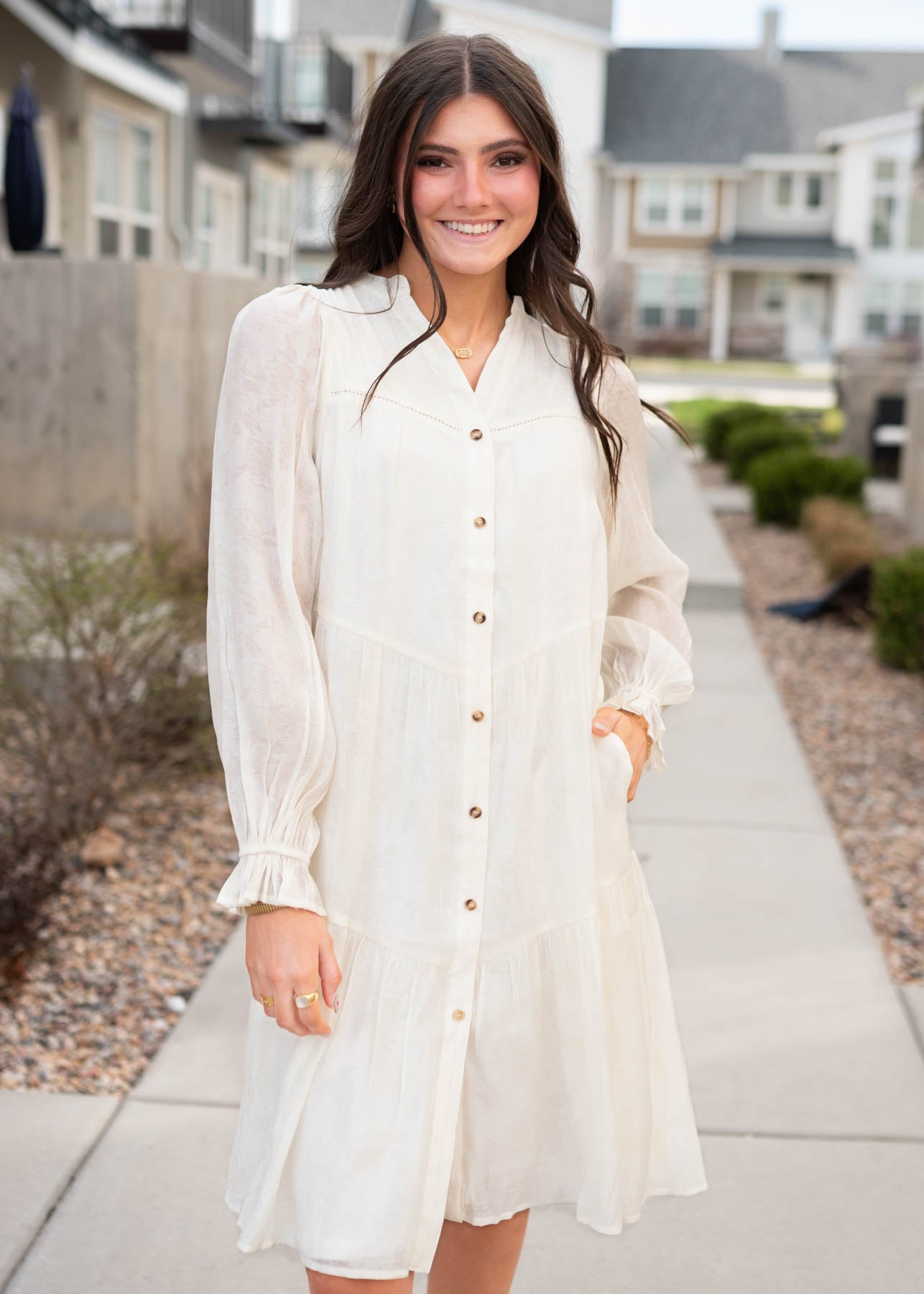 Long sleeve ivory button down dress