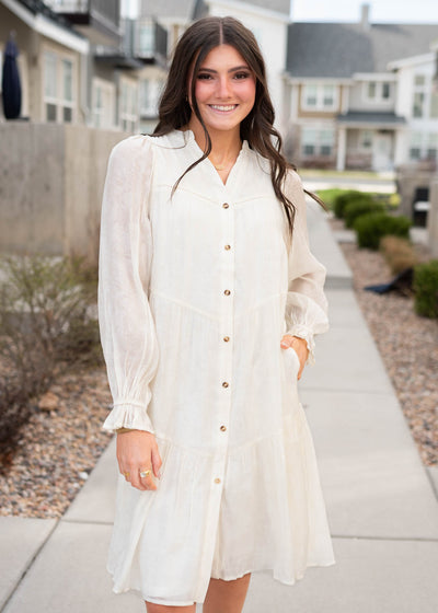 Long sleeve ivory button down dress