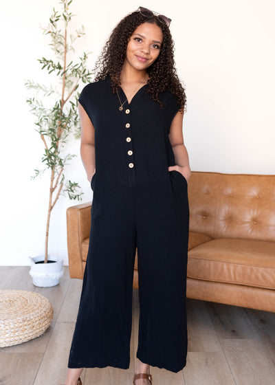 Crop sleeve black botton up jumpsuit with pockets