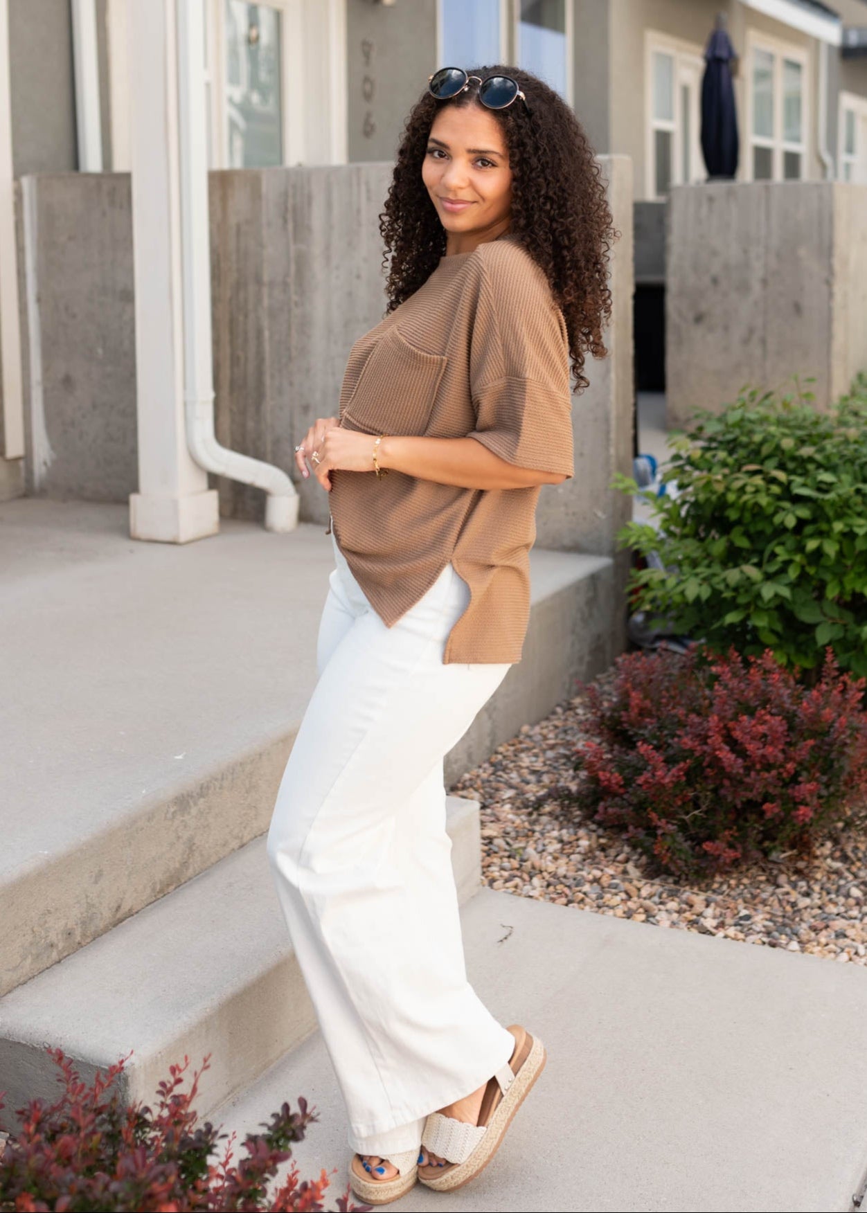 Light mocha top with drop sleeves