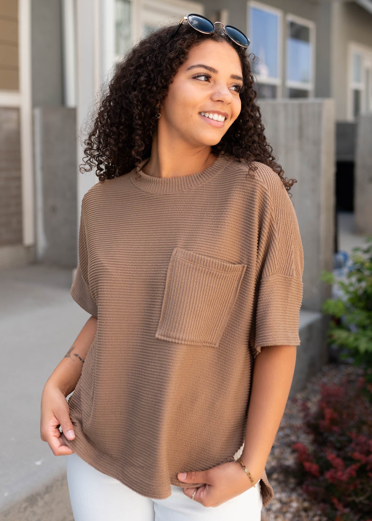 Short sleeve light mocha textured top