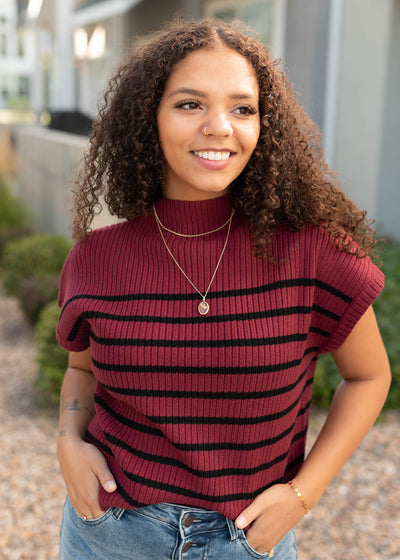 Modest burgundy sweater with black stripes 