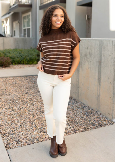 Hazelnut sweater with drop sleeve and cream stripes in sizes small to large