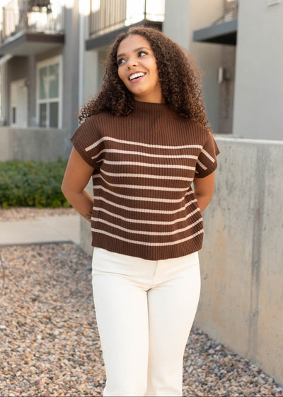 Modest sleeveless hazelnut sweater with mock turtleneck