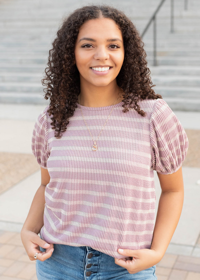 Front view of the pink stripe ribbed top