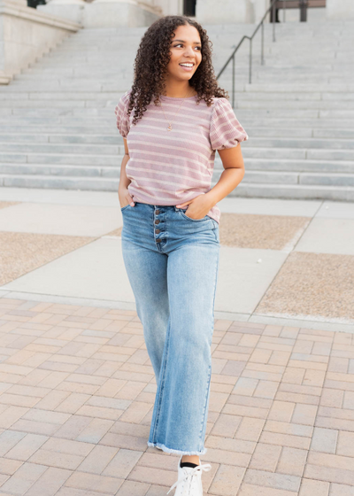 Puff sleeve pink stripe ribbed top